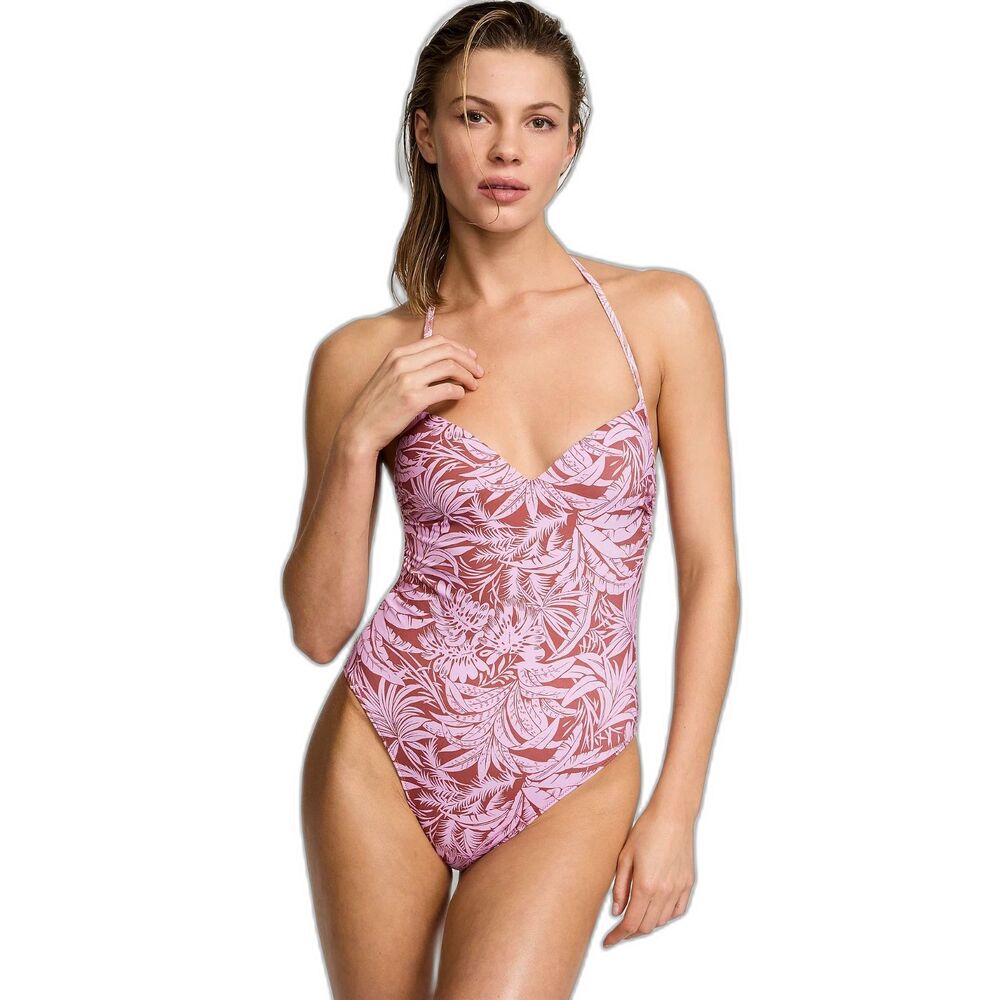 Victoria's Secret NWOT Ruched Halter One Piece Swimsuit Palm Print Open Back M